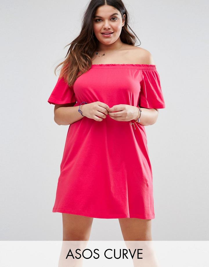 Asos Curve Boho Off Shoulder Mini Dress With Split Sleeve - Red