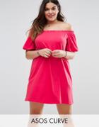Asos Curve Boho Off Shoulder Mini Dress With Split Sleeve - Red