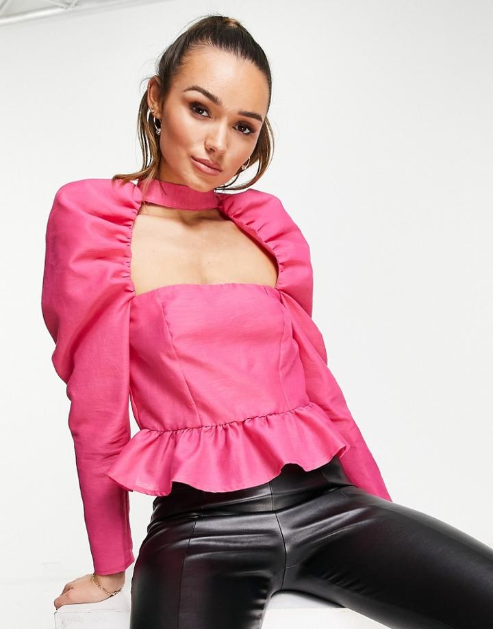 Asos Design Top With Cut-out Neck & Volume Sleeves In Hot Pink-purple