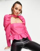 Asos Design Top With Cut-out Neck & Volume Sleeves In Hot Pink-purple
