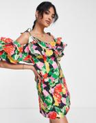 Topshop Cotton Blend Bold Floral Ruffle Bardot Mini Dress In Multi
