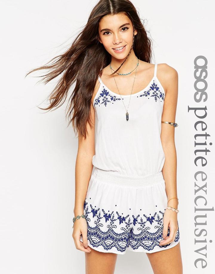Asos Petite Romper With Blue Embroidery - White