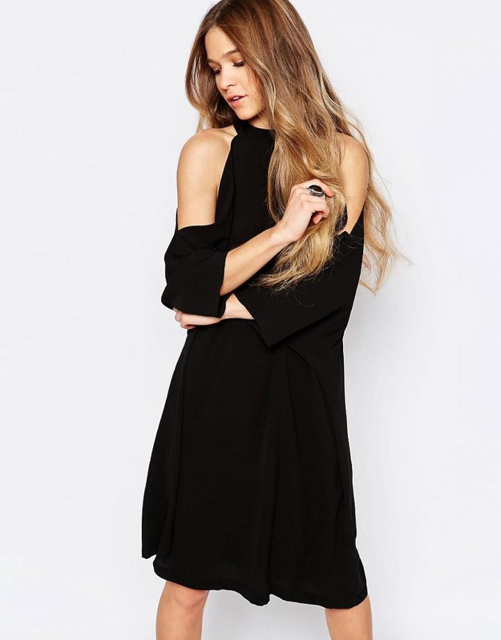 Liquorish Cold Shoulder Midi Dress - Black