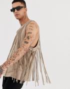 Asos Design Festival Relaxed Tank With All Round Fringing In Linen Look Fabric-beige