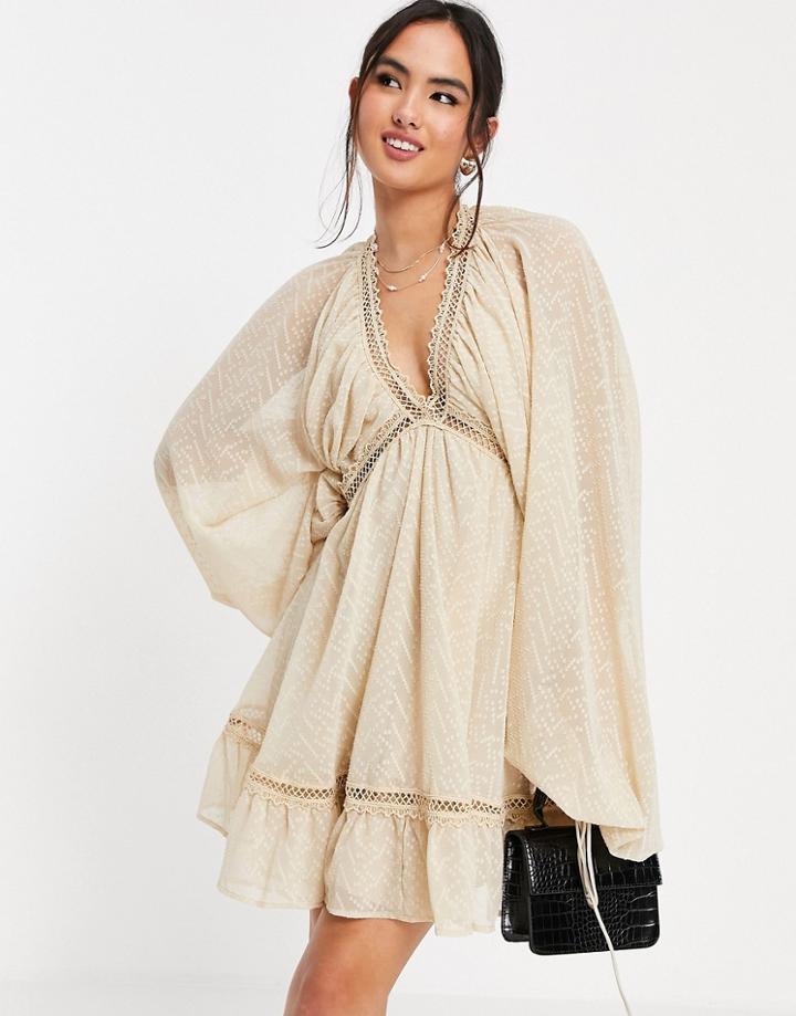 Asos Design Textured Midi Smock Dress With Blouson Sleeve In Stone-neutral