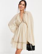 Asos Design Textured Midi Smock Dress With Blouson Sleeve In Stone-neutral