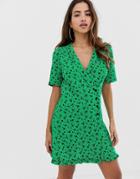 Asos Design Wrap Mini Dress With Buttons In Ditsy Floral - Multi