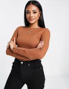 Asos Design Long Sleeve Crop Top With Snap Cuff In Brown