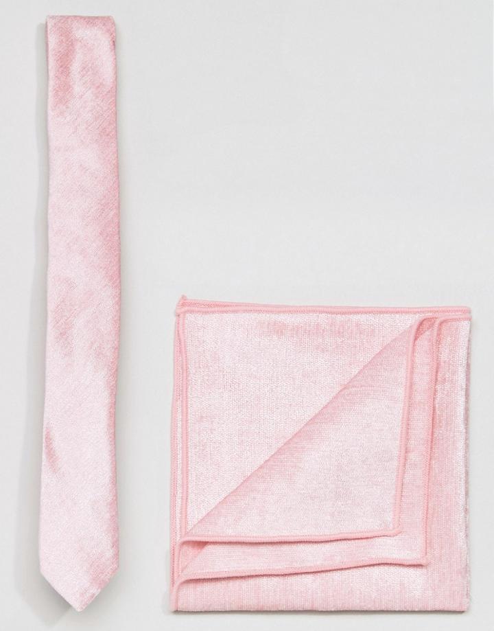 Asos Velvet Tie And Pocket Square In Pink - Pink
