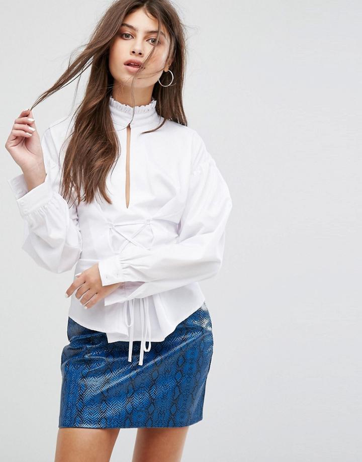 Fashion Union High Neck Shirt With Lattice Waist Tie And Pleated Collar - White