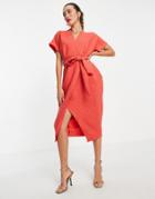 Closet London Wrap Tie Midi Dress In Red