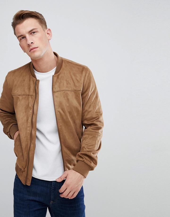 Celio Faux Suede Bomber Jacket In Camel - Tan