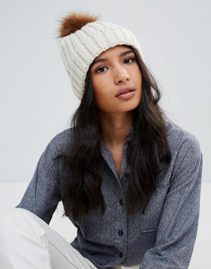 Boardmans Knitted Pom Pom Beanie Hat - Beige