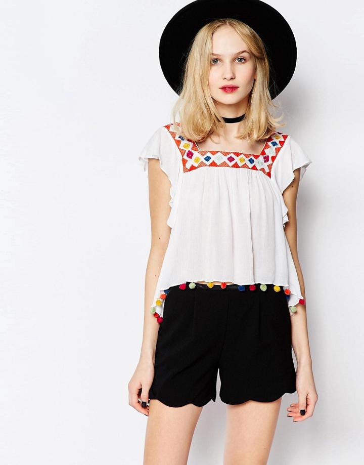 Piper Reynosa Ruffle Top With Pom Poms - White