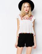 Piper Reynosa Ruffle Top With Pom Poms - White