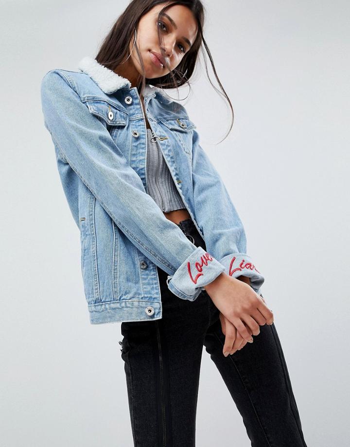 Liquor N Poker Girlfriend Fit Jacket With Embroidered Hem Detail - Blue