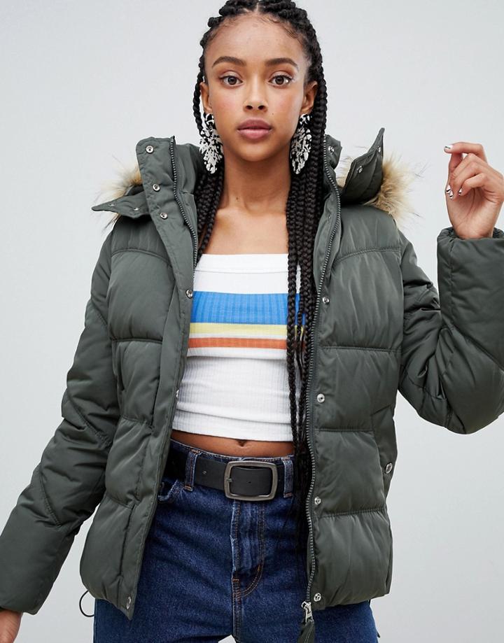 Bershka Padded Jacket With Faux Fur Hood In Khaki - Green