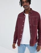 Asos Design Washed Overshirt Shirt With Contrast Stitching In Burgundy - Red