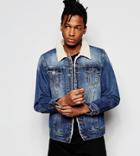 Liquor N Poker Fleece Collar Denim Jacket In Mid Indigo - Blue