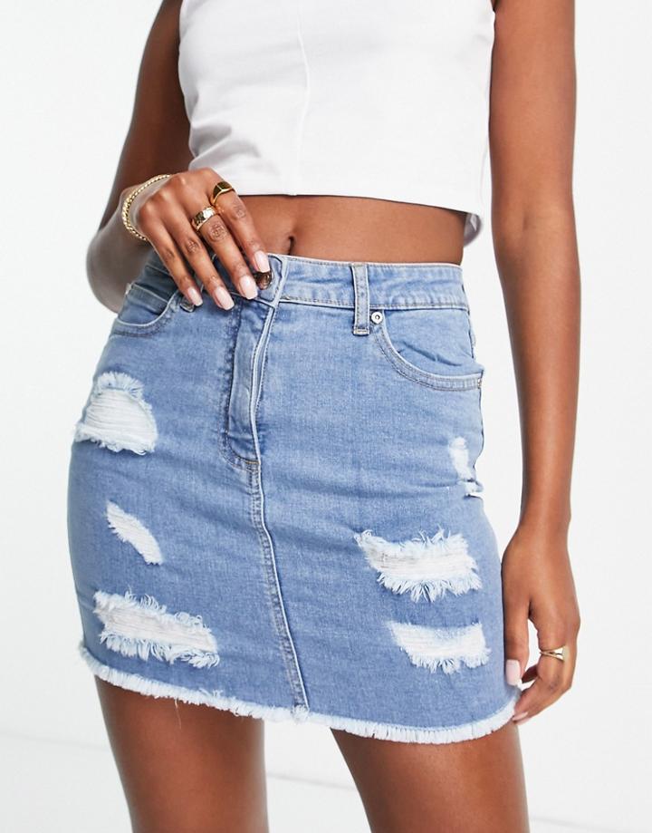 Parisian Distressed Denim Skirt In Mid Blue