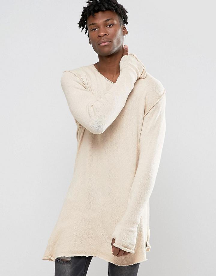 Criminal Damage Longline Long Sleeve T-shirt With Assymetric Raw Hem - Beige