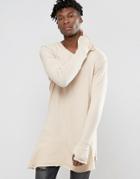 Criminal Damage Longline Long Sleeve T-shirt With Assymetric Raw Hem - Beige