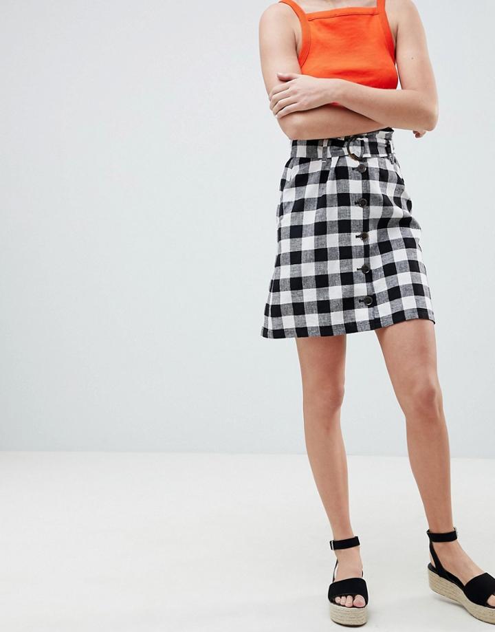 Asos Design Tailored Linen Paperbag Mini Skirt In Check - Multi