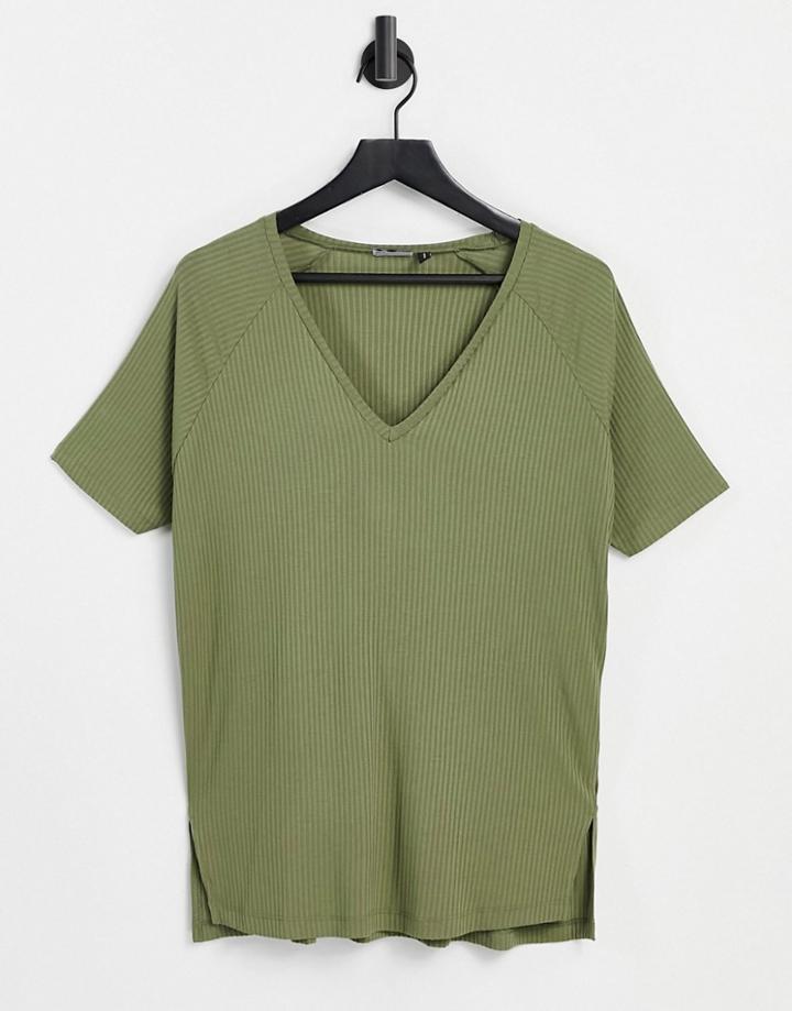 Asos Design Oversized Top With V-neck In Drapey Rib In Olive-green