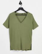 Asos Design Oversized Top With V-neck In Drapey Rib In Olive-green
