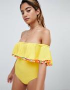 Missguided Bardot Pom Trim Swimsuit - Yellow