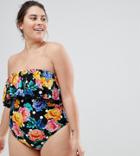 Asos Design Curve Spot Floral Bandeau Print Pom Pom Swimsuit - Multi