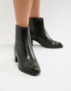 Dune London Queenies Black Leather Studded Kitten Heel Ankle Boots - Black