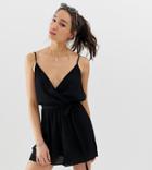 Asos Design Tall Wrap Tie Front Romper In Crinkle-black