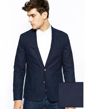 Asos Slim Fit Blazer In Washed Cotton - Navy