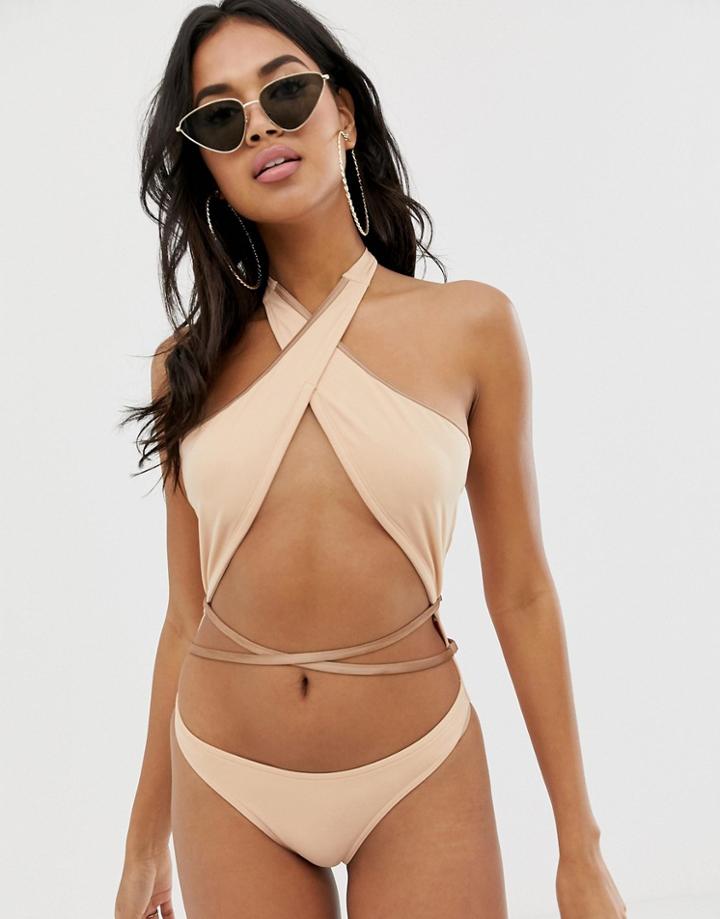 Asos Design Cross Neck Strappy High Leg Swimsuit In Light Mink - Pink