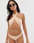 Asos Design Cross Neck Strappy High Leg Swimsuit In Light Mink - Pink