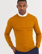 Asos Design Muscle Fit Merino Wool Sweater In Mustard