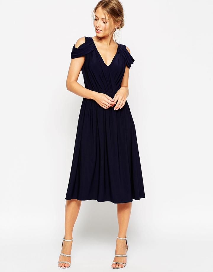 Asos Wedding Drape Cold Shoulder Midi Dress - Blue
