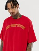 Asos Design Organic Cotton Oversized T-shirt With Slogan Print-red