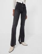 Stradivarius Stretch Flare Jean With Split Hem In Washed Black