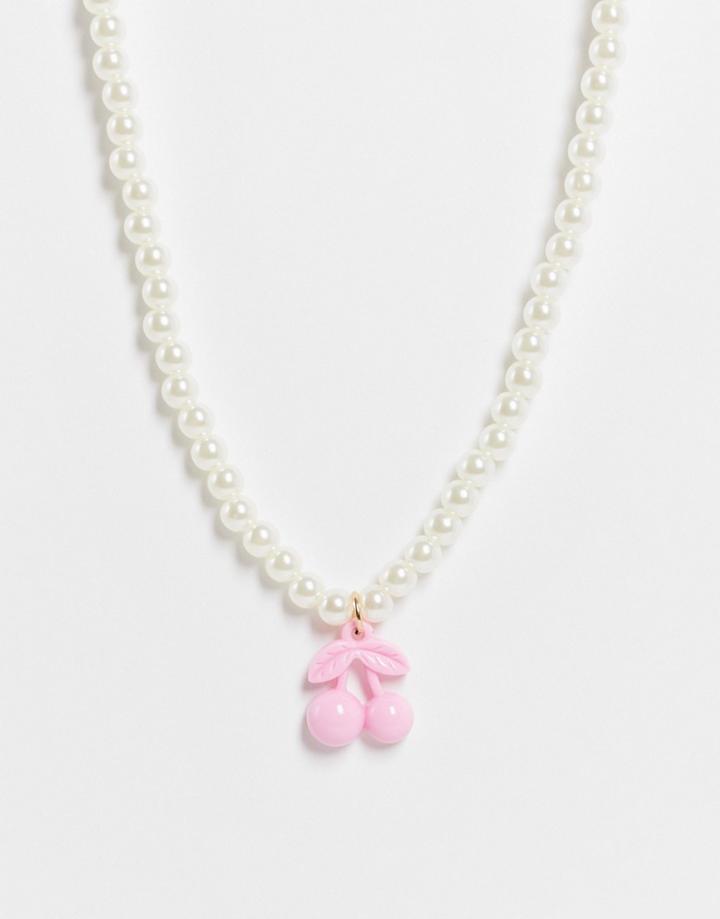 Asos Design Necklace With Pearl And Plastic Cherry Charm-multi