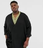 Asos Design Plus Exclusive Wrap Longline Kimono Top In Black Satin