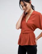 Asos Design Wrap Top With Kimono Sleeve - Orange