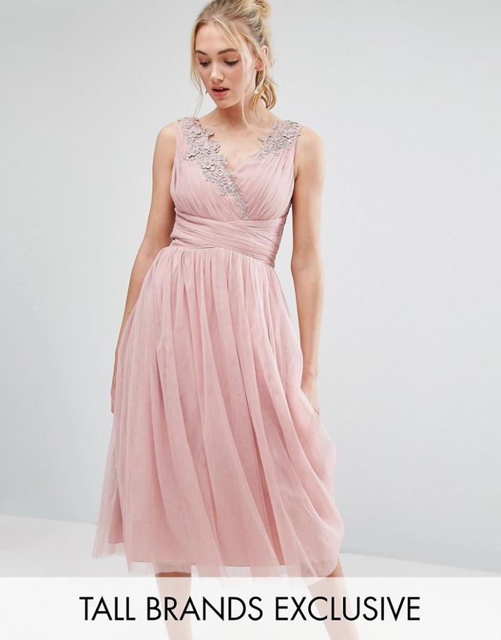 Little Mistress Tall Full Prom Tulle Midi Dress With Lace Applique - Pink
