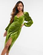 Asos Design Velvet Sweetheart Neckline Midi Body-conscious Tuck Dress With Puff Long Sleeve In Green