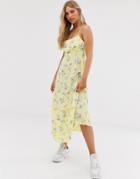 Stradivarius Floral Midi Cami Dress With Laceback In Yellow - Yellow
