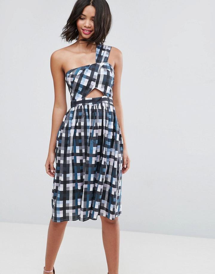 Asos Gingham One Shoulder Dress With Cut Outs - Multi
