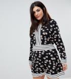 Yumi Plus Floral Skater Dress With Contrast Stripe Trim - Black