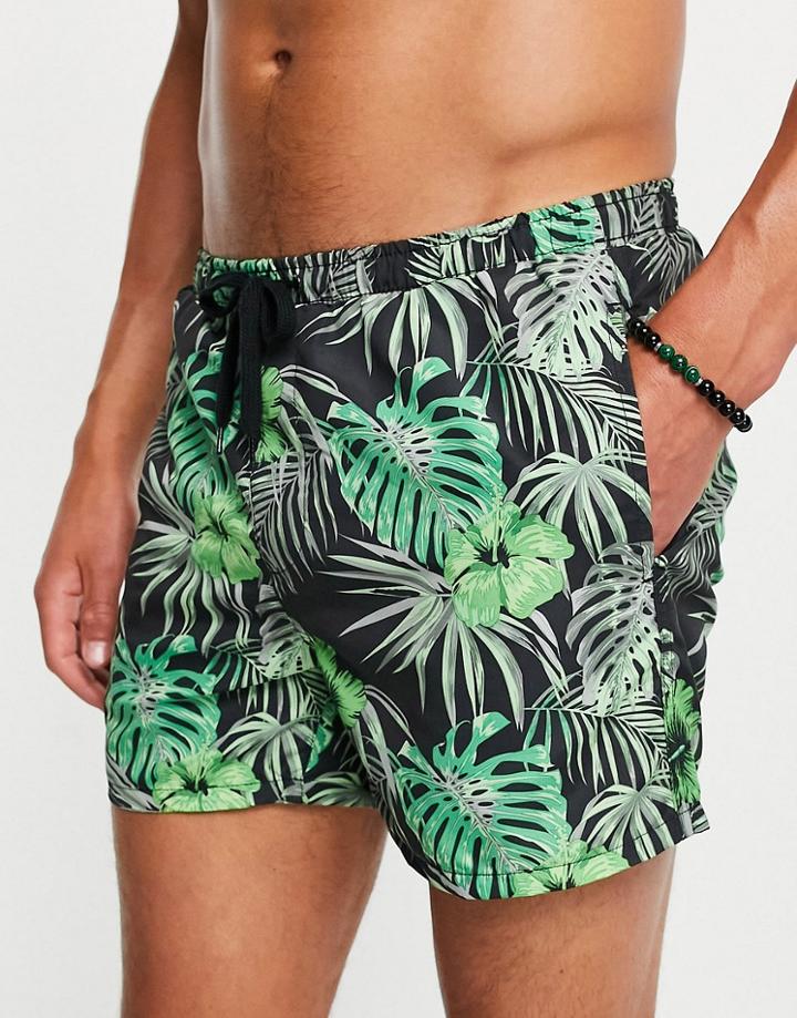 Only & Sons Hawaiian Print Swim Shorts In Black