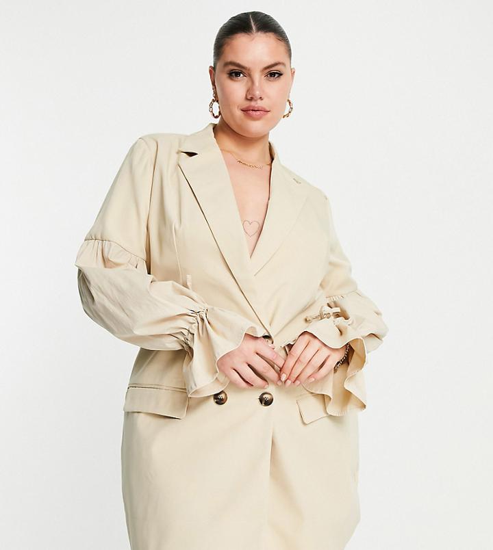 Club L London Plus Volume Sleeve Tailored Mini Dress In Stone-neutral